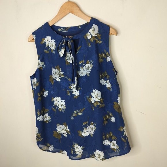 Tahari Floral Sleeveless Top Tie Neck Blue Olive - Picture 3 of 8